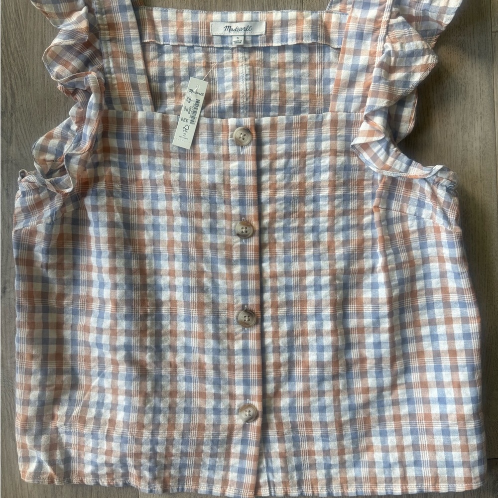 Madewell Gingham Seersucker Ruffle-Strap Button-Up Tank Top